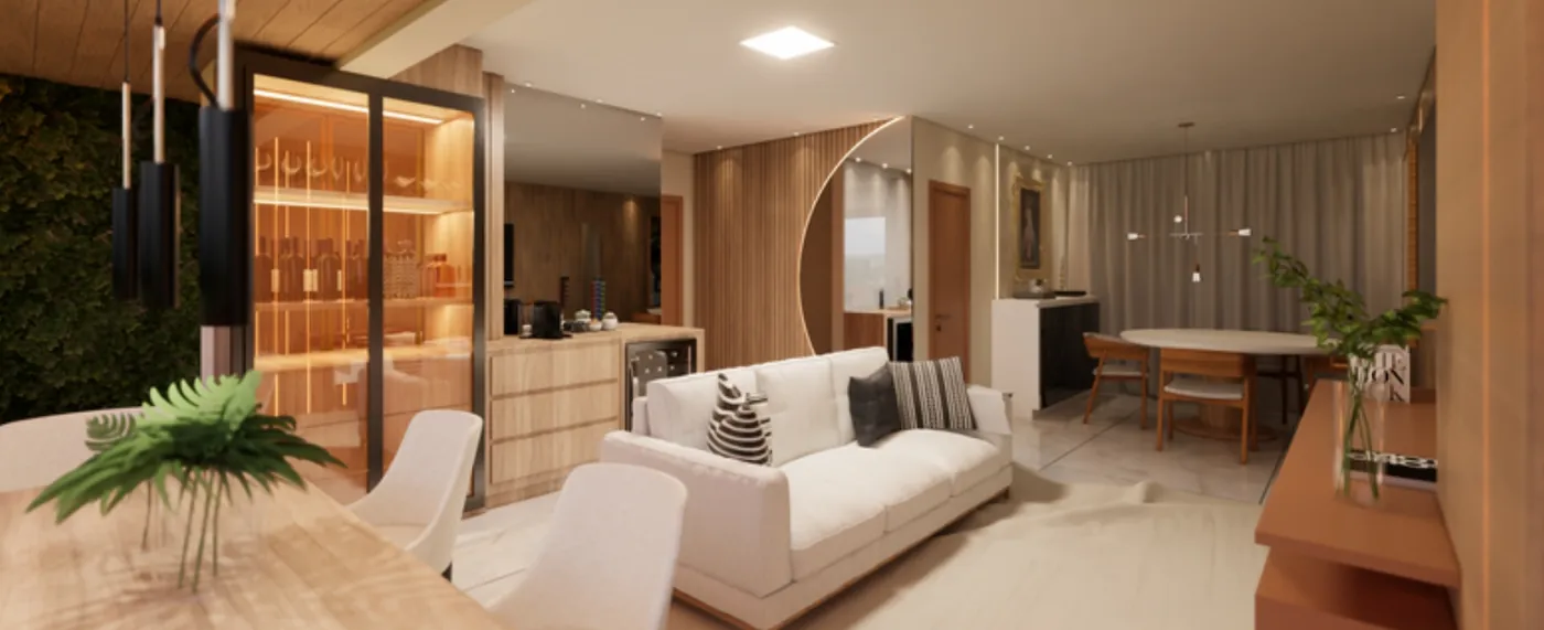 Sala integrada da Casa AT com sofá claro, ripado de madeira e mesa de jantar ao fundo