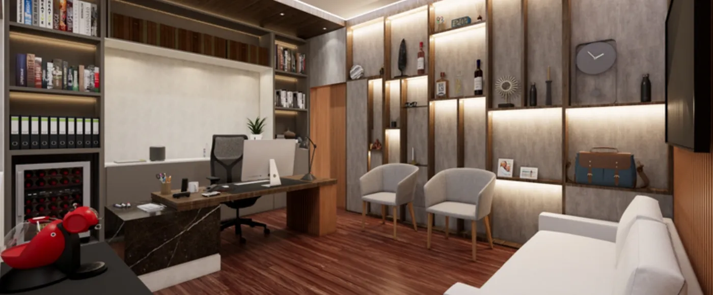 Sala de atendimento do escritório de advocacia com estante iluminada, mesa e poltronas